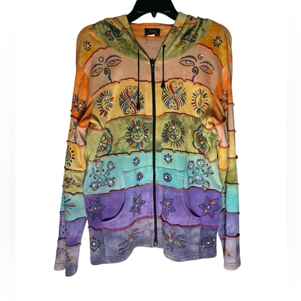 Rising International Nepal Sz Small Full Zip Hoodie colorful Boho Art to wear